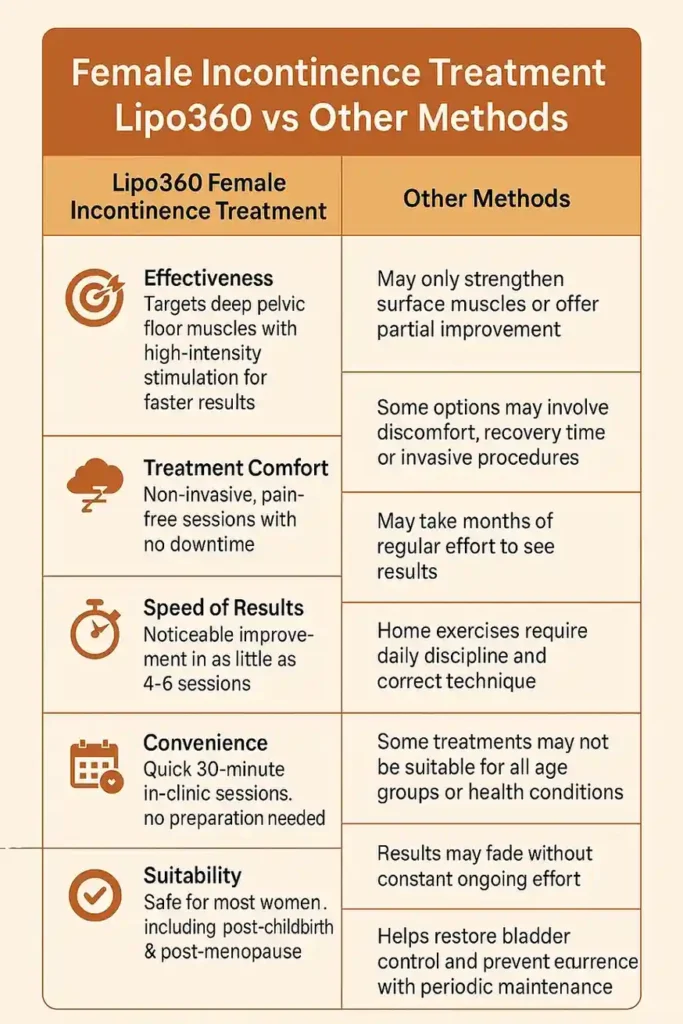 Table showing benefits of incontinence treatment Byfleet